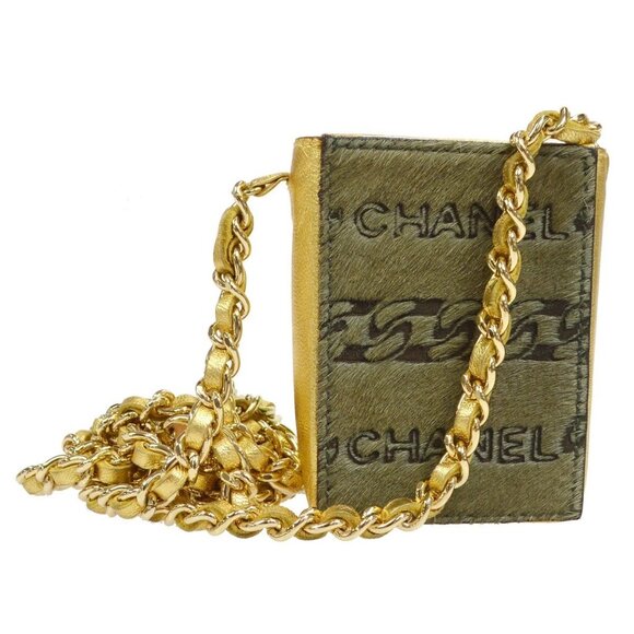 CHANEL CC Mini Chain Shoulder Pochette Khaki Gold Fur Leather - Picture 2 of 10